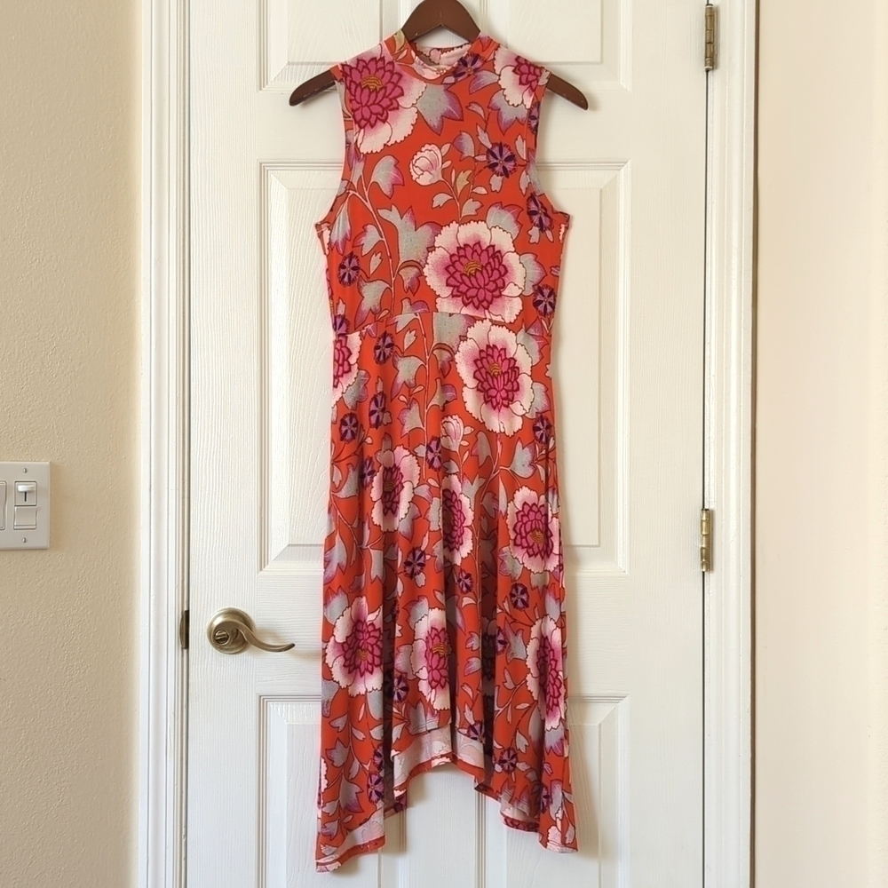 Maeve Anthropologie Cleary Floral Sleeveless Mock Neck Midi Dress Red Pink XS